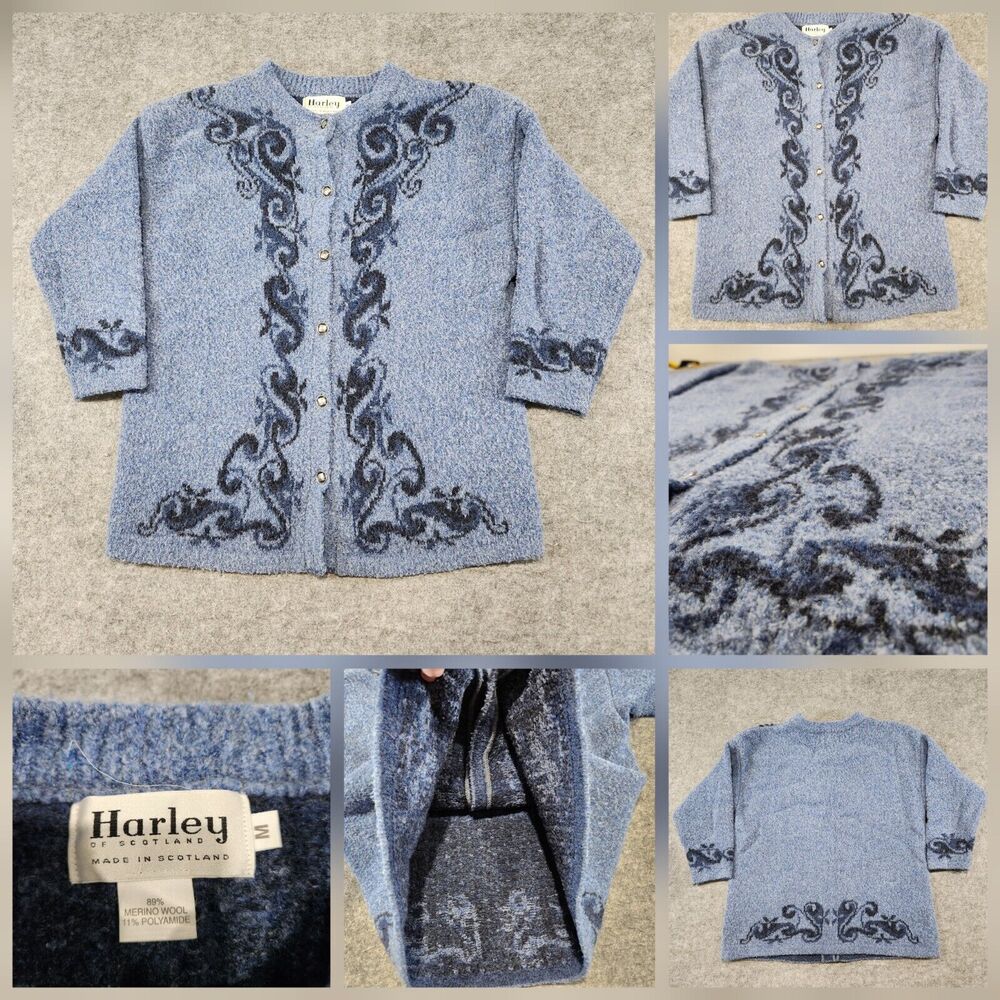 Harley Of Scotland Womens M Medium Merino Wool Blue Soft Cardigan‎ Sweater